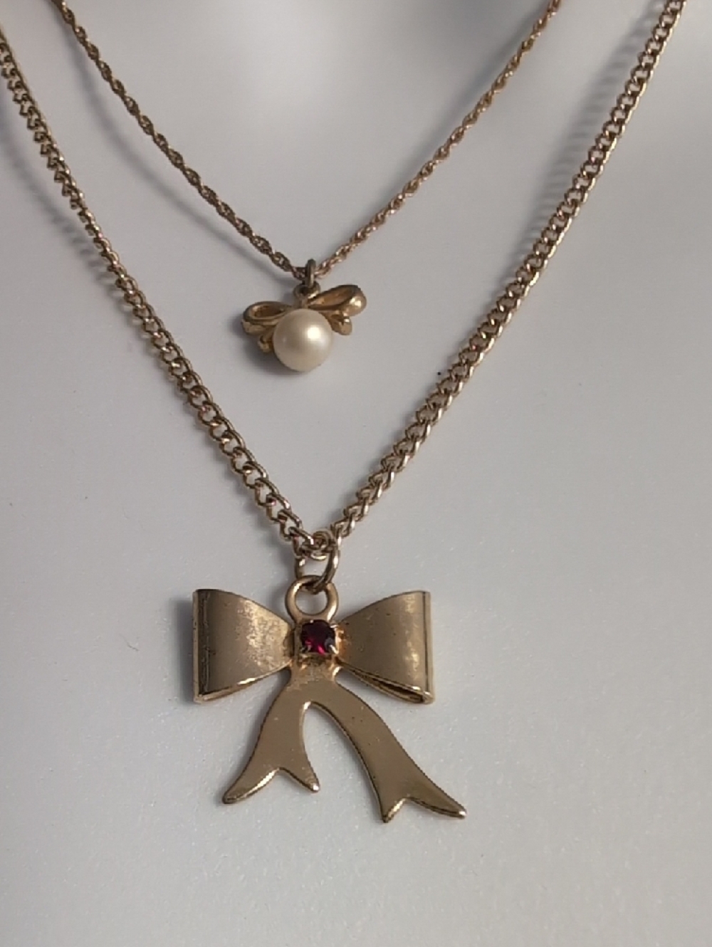 Vtg Gold Bow & Pearl Layering Necklaces By Just For You